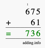 Calculate 675 + 61 using long addition