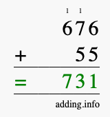 Calculate 676 plus 55 using long addition Calculate 676 + 55 using long addition