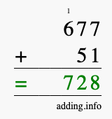 Calculate 677 + 51 using long addition