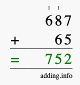Calculate 687 + 65 using long addition
