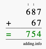 Calculate 687 + 67 using long addition