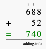 Calculate 688 + 52 using long addition