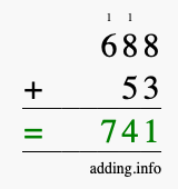 Calculate 688 + 53 using long addition