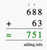 Calculate 688 + 63 using long addition