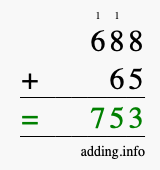 Calculate 688 + 65 using long addition