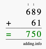 Calculate 689 + 61 using long addition
