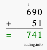Calculate 690 + 51 using long addition