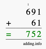 Calculate 691 + 61 using long addition