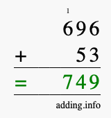 Calculate 696 + 53 using long addition
