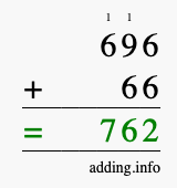 Calculate 696 + 66 using long addition