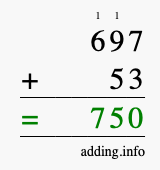 Calculate 697 + 53 using long addition