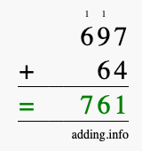 Calculate 697 + 64 using long addition
