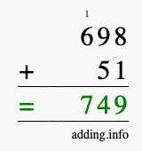 Calculate 698 + 51 using long addition