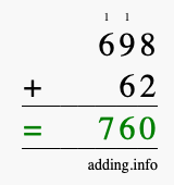 Calculate 698 + 62 using long addition