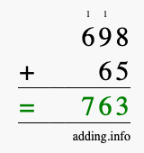 Calculate 698 + 65 using long addition