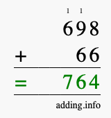 Calculate 698 + 66 using long addition