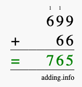 Calculate 699 + 66 using long addition