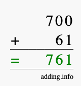 Calculate 700 + 61 using long addition