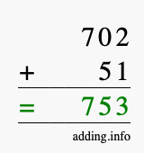 Calculate 702 + 51 using long addition