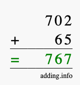 Calculate 702 + 65 using long addition