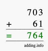 Calculate 703 + 61 using long addition
