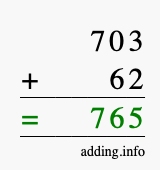 Calculate 703 + 62 using long addition