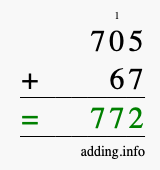 Calculate 705 + 67 using long addition