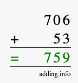 Calculate 706 + 53 using long addition