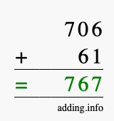 Calculate 706 + 61 using long addition