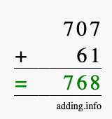 Calculate 707 + 61 using long addition
