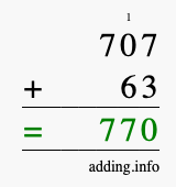 Calculate 707 + 63 using long addition