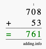 Calculate 708 + 53 using long addition