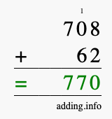 Calculate 708 + 62 using long addition