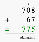 Calculate 708 + 67 using long addition