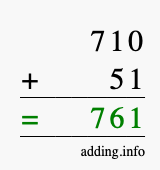 Calculate 710 + 51 using long addition