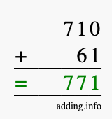 Calculate 710 + 61 using long addition