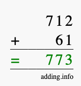 Calculate 712 + 61 using long addition
