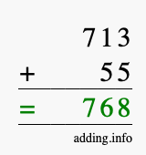 Calculate 713 + 55 using long addition
