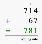 Calculate 714 + 67 using long addition