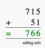 Calculate 715 + 51 using long addition