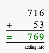 Calculate 716 + 53 using long addition