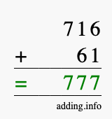 Calculate 716 + 61 using long addition