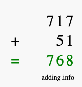 Calculate 717 + 51 using long addition