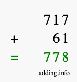 Calculate 717 + 61 using long addition