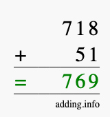 Calculate 718 + 51 using long addition