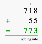 Calculate 718 + 55 using long addition