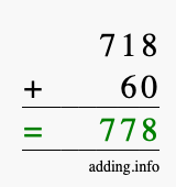 Calculate 718 + 60 using long addition