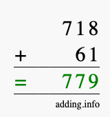 Calculate 718 + 61 using long addition