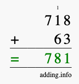 Calculate 718 + 63 using long addition