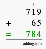 Calculate 719 + 65 using long addition